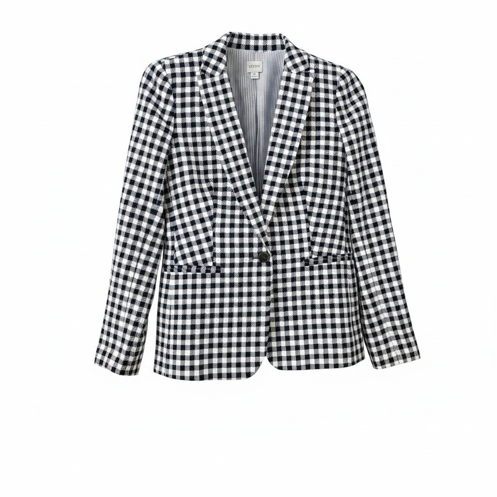 J.Crew Navy White Gingham Linen Cotton‎ Blazer Jacket Size 6 Striped Lining